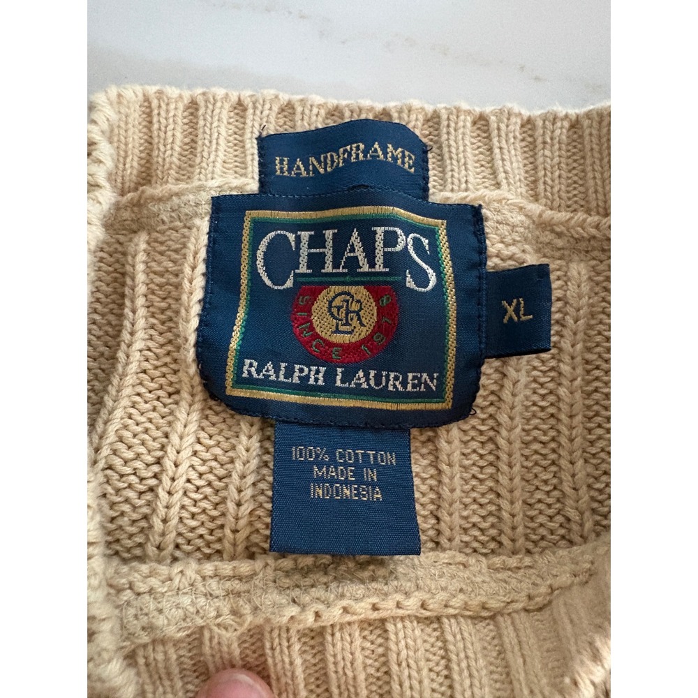Vintage Chaps Ralph Lauren Mens XL Cream Ribbed Cotton Knit Crest Sweater Beige - Picture 5 of 7